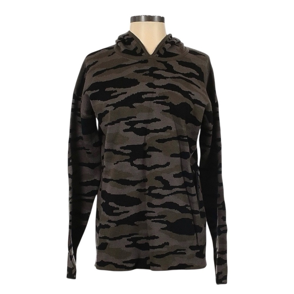 NWT Tahari Brown Camo Hoodie Sweater S Stretch Knit Pullover Long Sleeve Relaxed